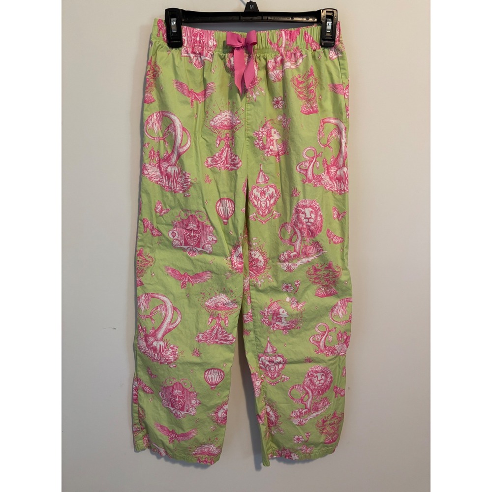 Wicked x Katie Kime Girls XL 14 Pajama Pants Lime Green Pink Oz Toile Cotton